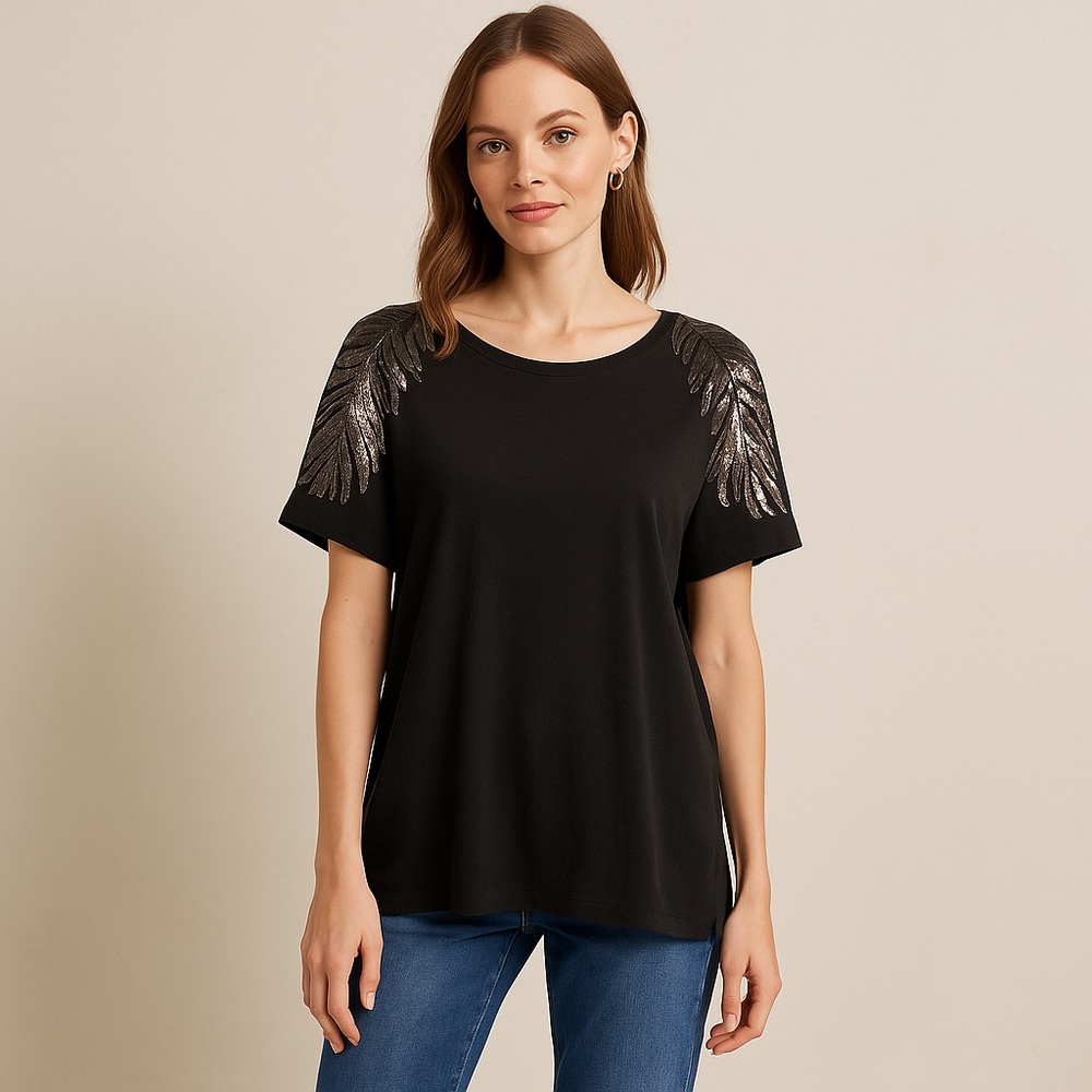 Roaman’s Black Sequin Shoulder Top Gunmetal Embellished Party Blouse Size M
